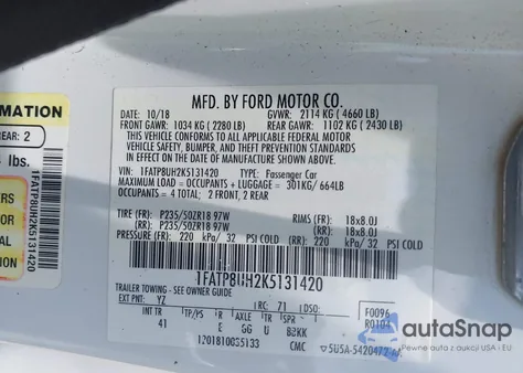 2019 Ford Mustang Ecoboost Premium z USA, uszkodzony, nr VIN 1FATP8UH2K5131420